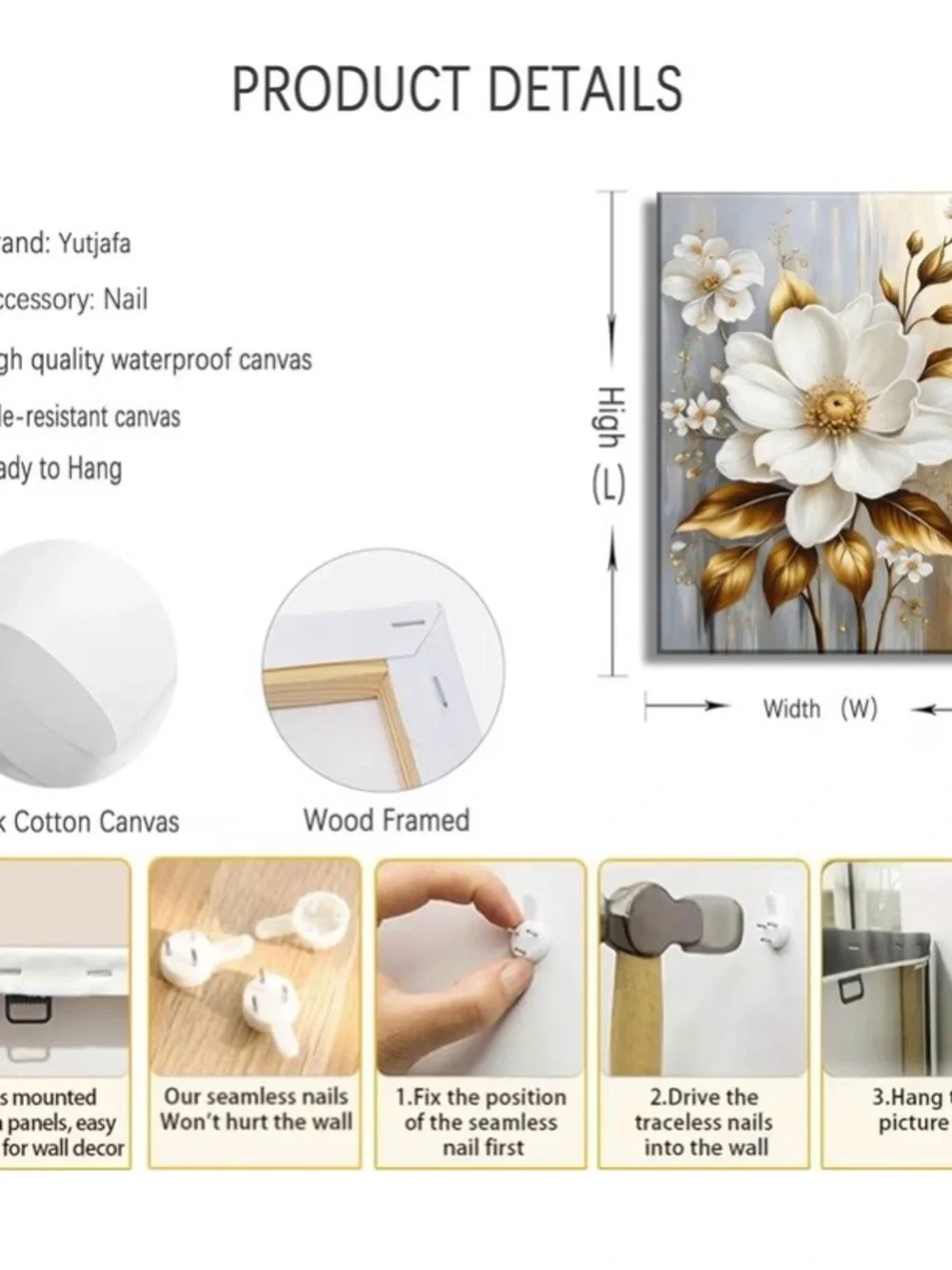 White & Gold Floral Wall Art Canvas - Elegant Home Décor